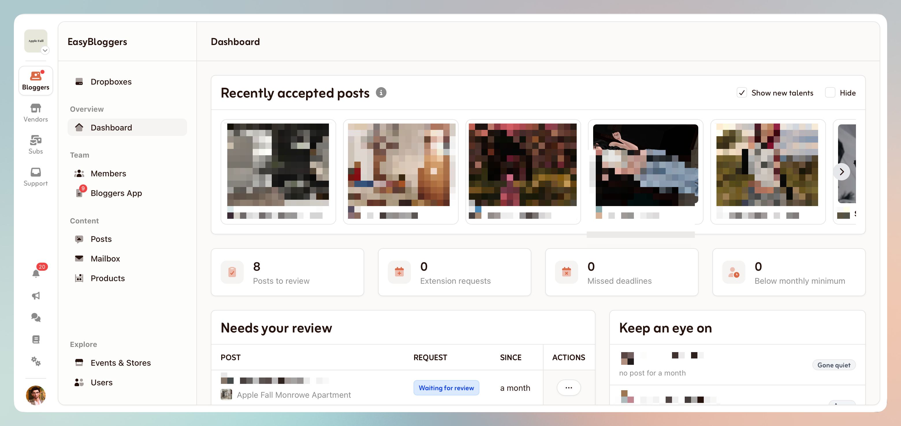 EasyBloggers dashboard with recently accepted posts and the posts waiting for review