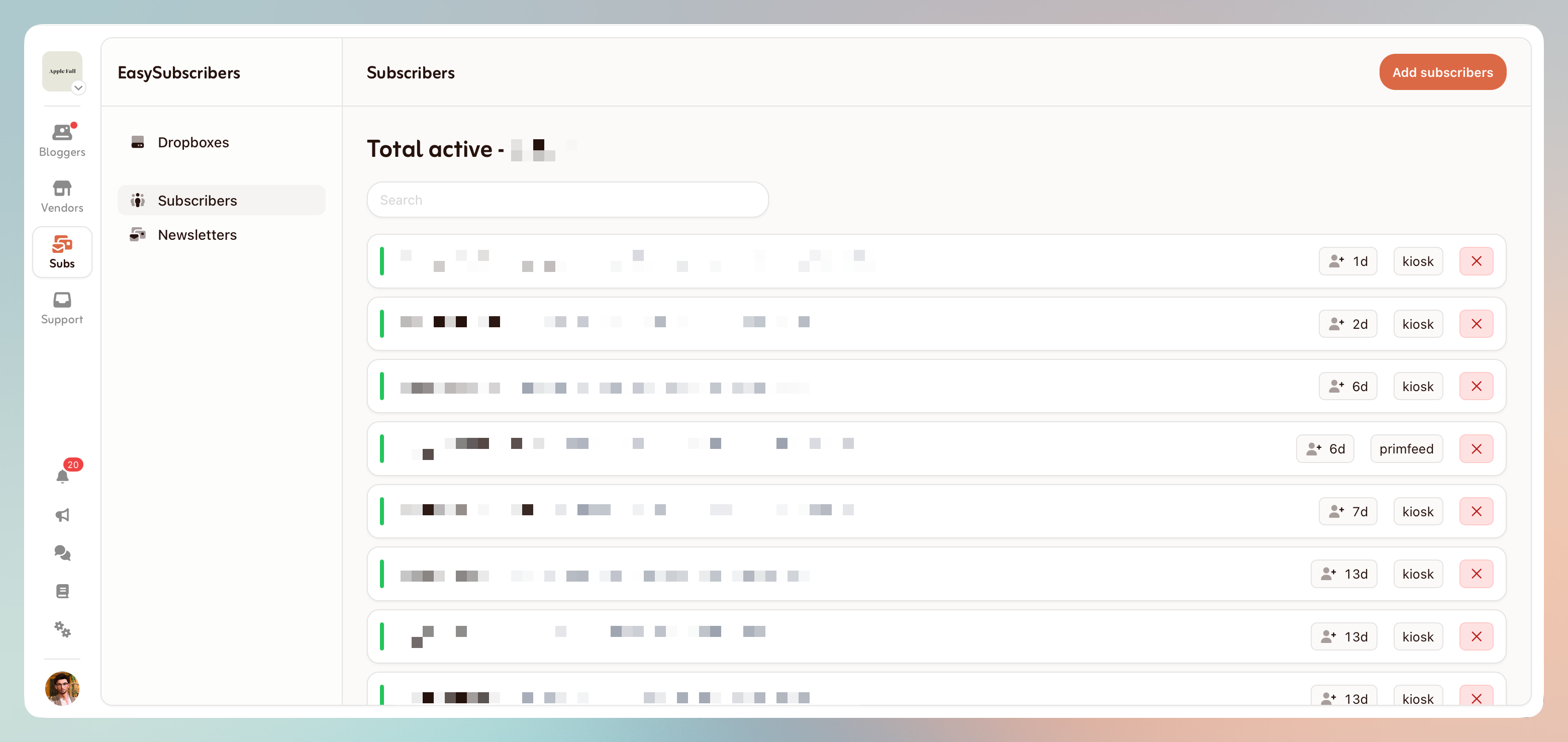 EasySubscribers list of active subscribers, showing how each one subscribed