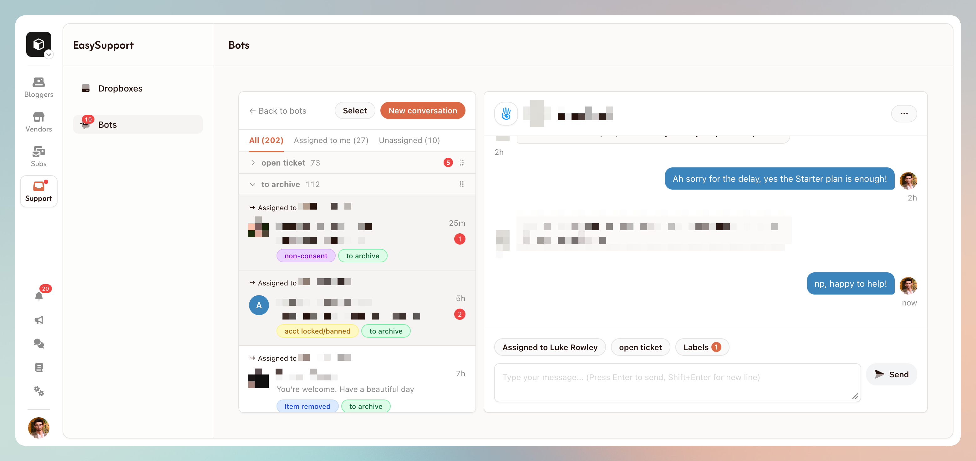 EasySupport inbox with conversations assigned to managers and tagged with labels
